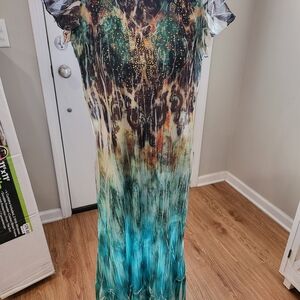 Reba Teal Green Ombre Maxi Dress with Gold Accent